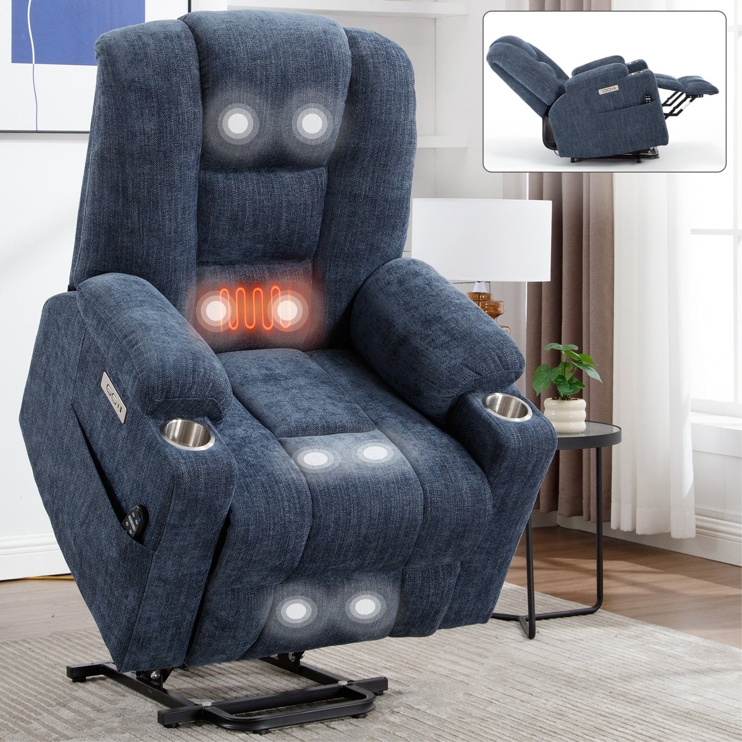 Fauteuil inclinable massant, chauffant et relevable, 2 porte-gobelets, USB, Type C, télécommande