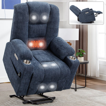 Fauteuil inclinable massant, chauffant et relevable, 2 porte-gobelets, USB, Type C, télécommande