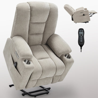 Fauteuil inclinable massant, chauffant et relevable, 2 porte-gobelets, USB, Type C, télécommande