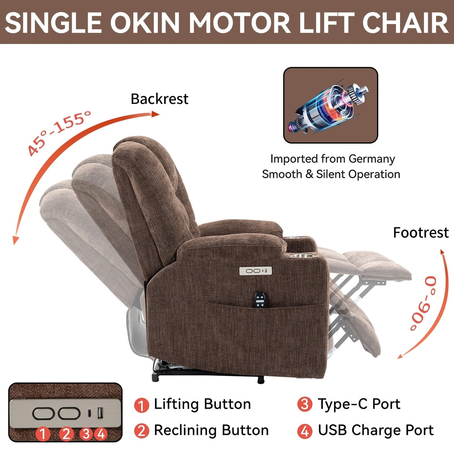 Fauteuil inclinable massant, chauffant et relevable, 2 porte-gobelets, USB, Type C, télécommande