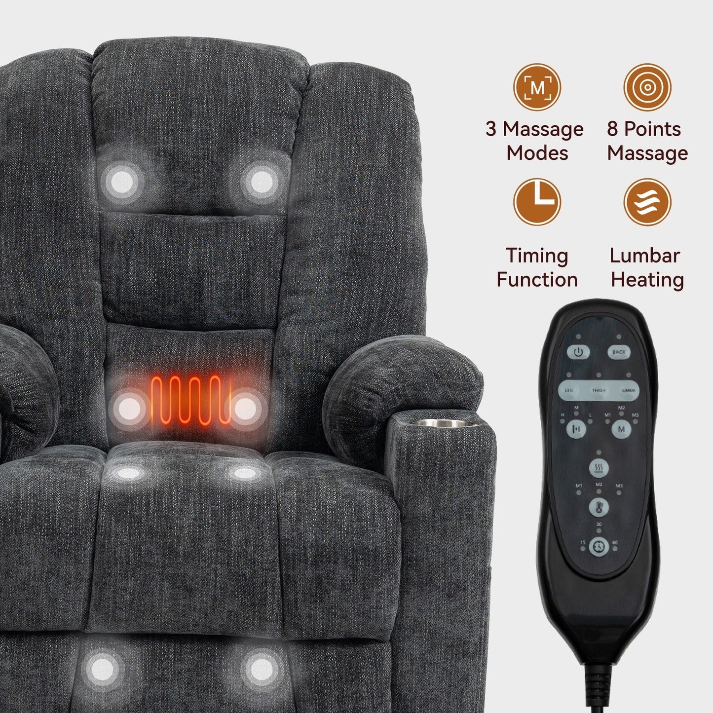 Fauteuil inclinable massant, chauffant et relevable, 2 porte-gobelets, USB, Type C, télécommande