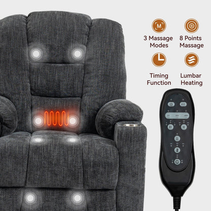 Fauteuil inclinable massant, chauffant et relevable, 2 porte-gobelets, USB, Type C, télécommande