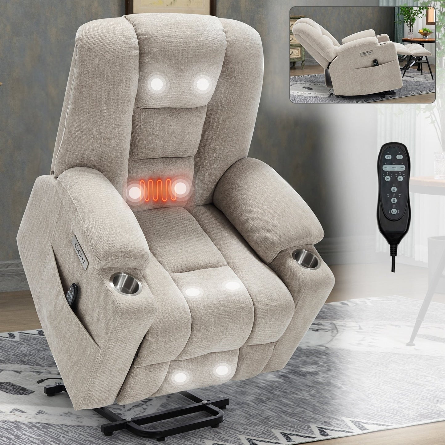 Fauteuil inclinable massant, chauffant et relevable, 2 porte-gobelets, USB, Type C, télécommande
