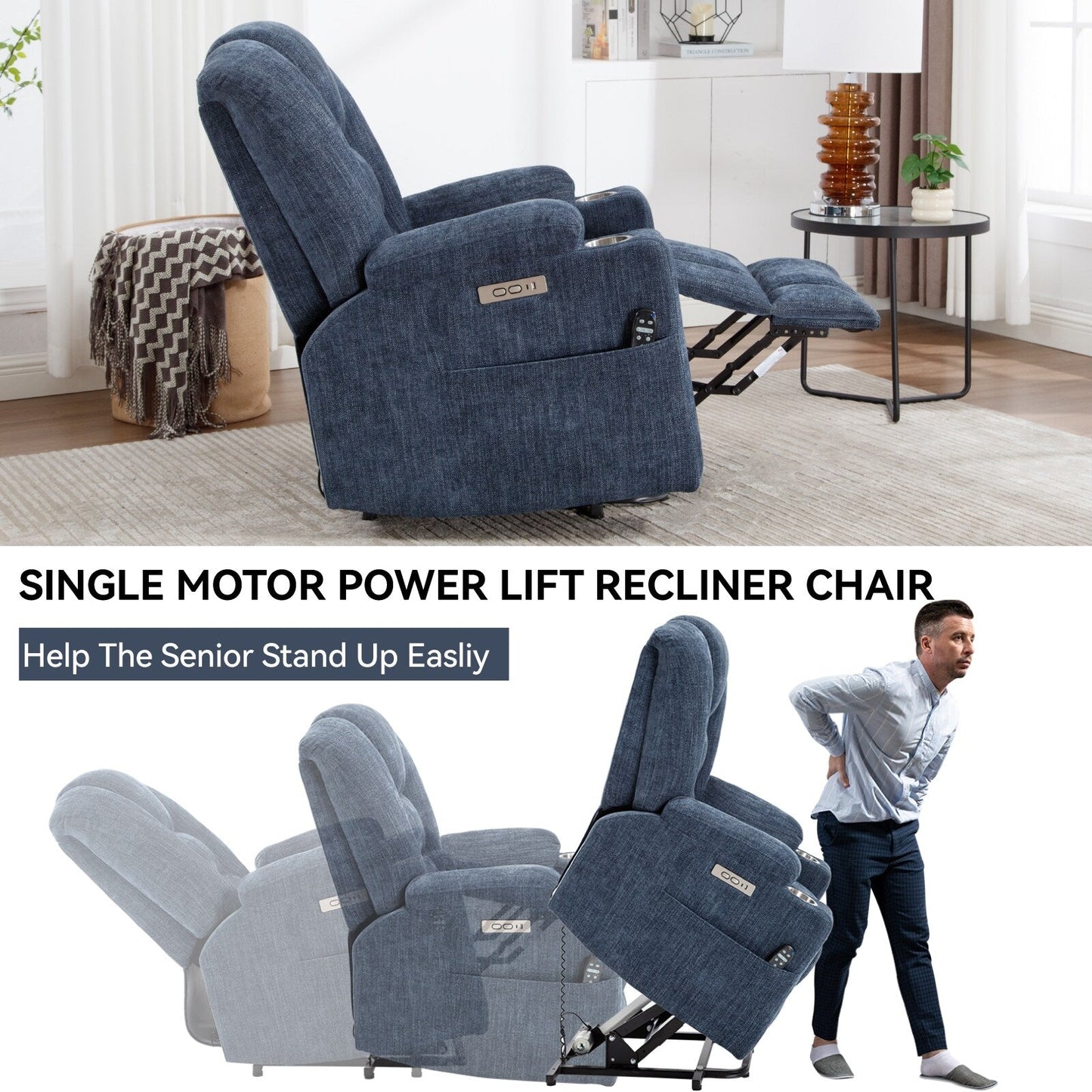 Fauteuil inclinable massant, chauffant et relevable, 2 porte-gobelets, USB, Type C, télécommande
