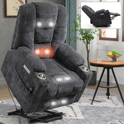 Fauteuil inclinable massant, chauffant et relevable, 2 porte-gobelets, USB, Type C, télécommande
