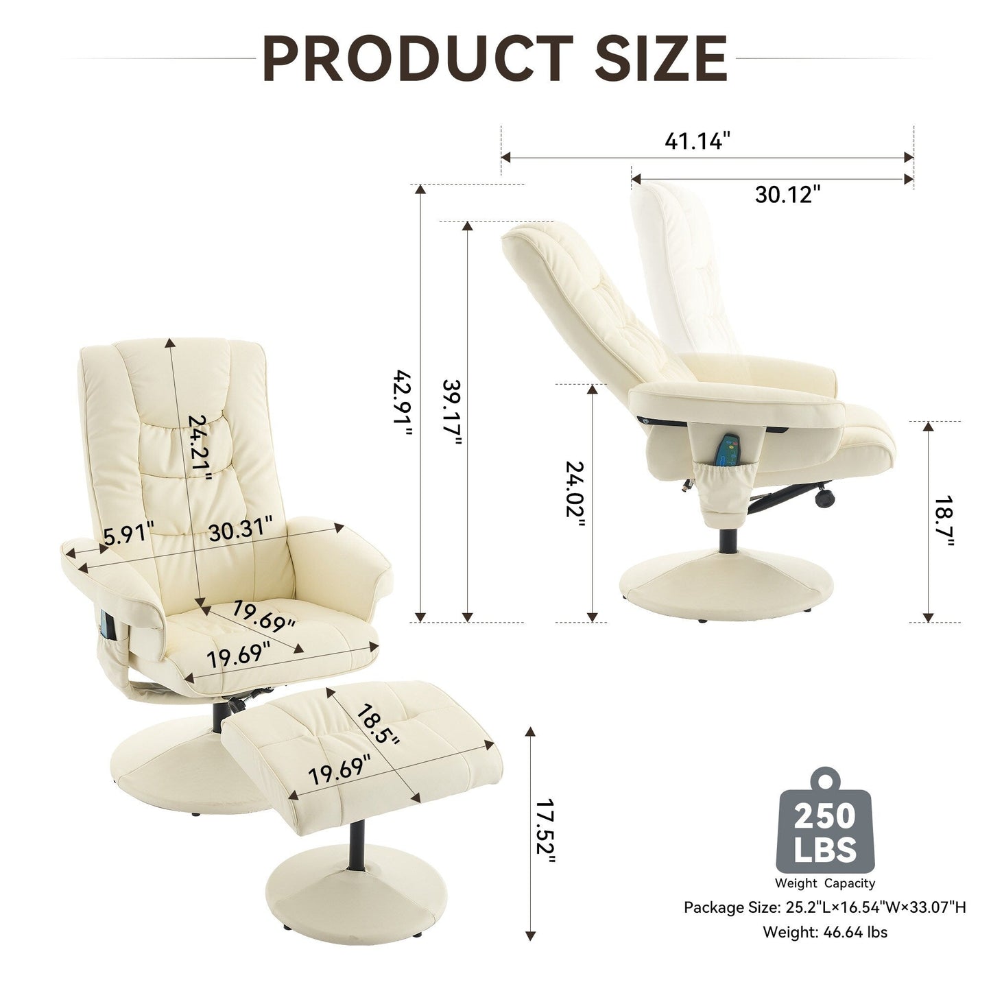 Fauteuil de massage chauffant et inclinable pivotant à 360°, siège réglable en cuir PU avec repose-pieds et vibration à 5 points