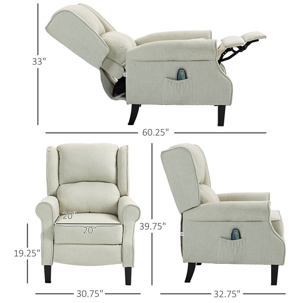 Fauteuil inclinable massant en lin avec chauffage, repose-pieds et poche latérale