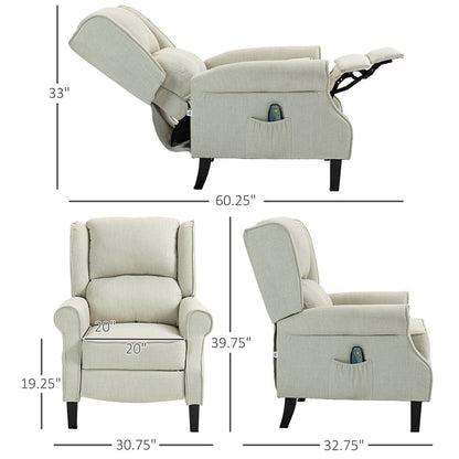 Fauteuil inclinable massant en lin avec chauffage, repose-pieds et poche latérale