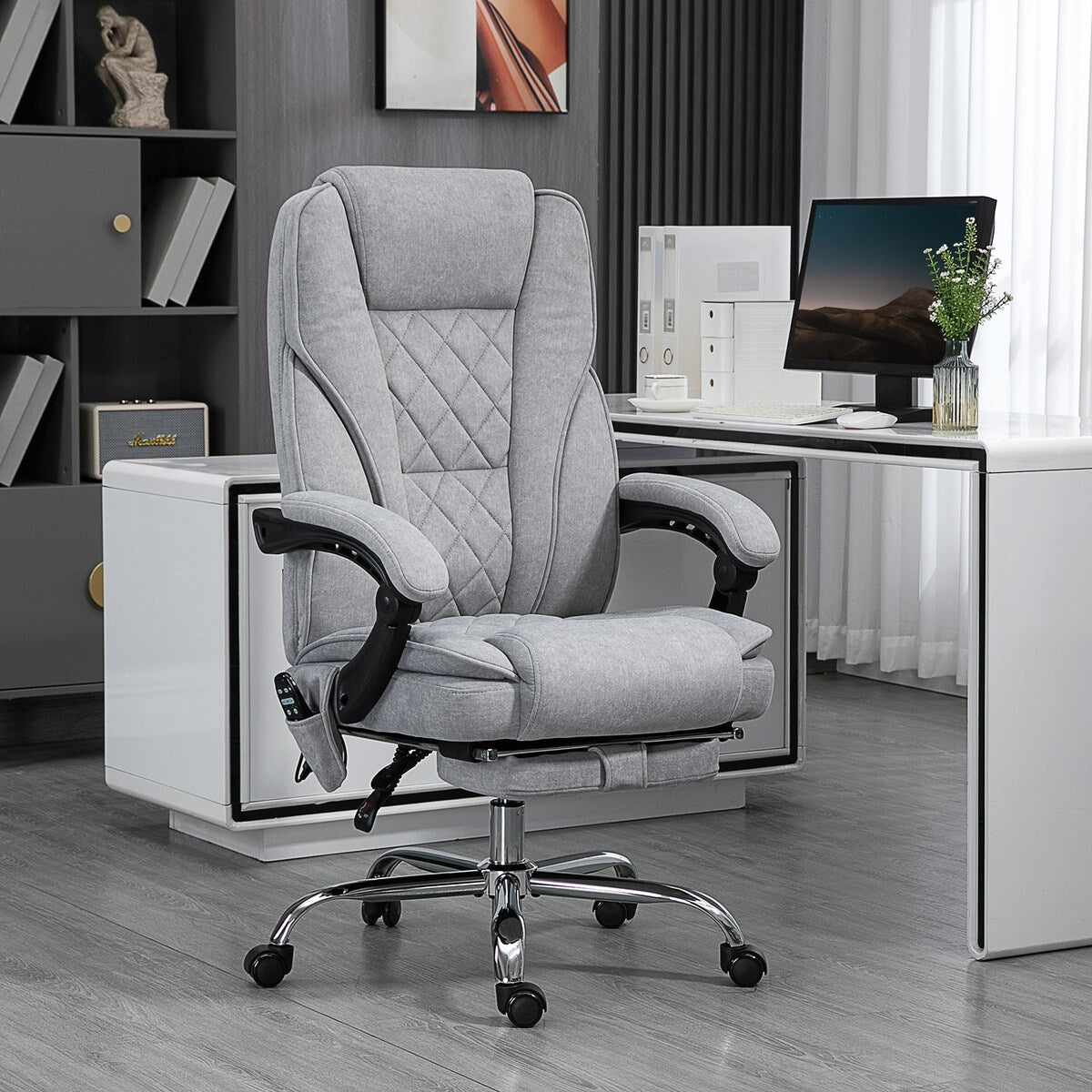 Fauteuil de bureau massant avec 6 points de vibration, fauteuil d'ordinateur inclinable et chauffant, pivotant à hauteur réglable et repose-pieds