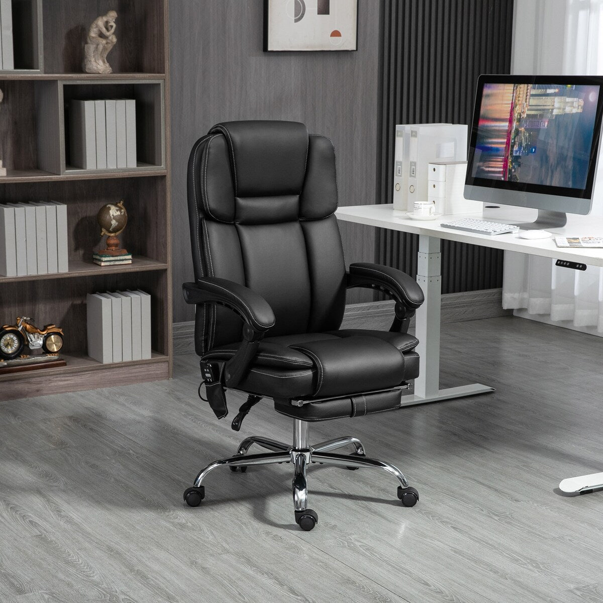 Fauteuil de bureau massant avec 6 points de vibration, fauteuil d'ordinateur inclinable et chauffant, pivotant à hauteur réglable et repose-pieds