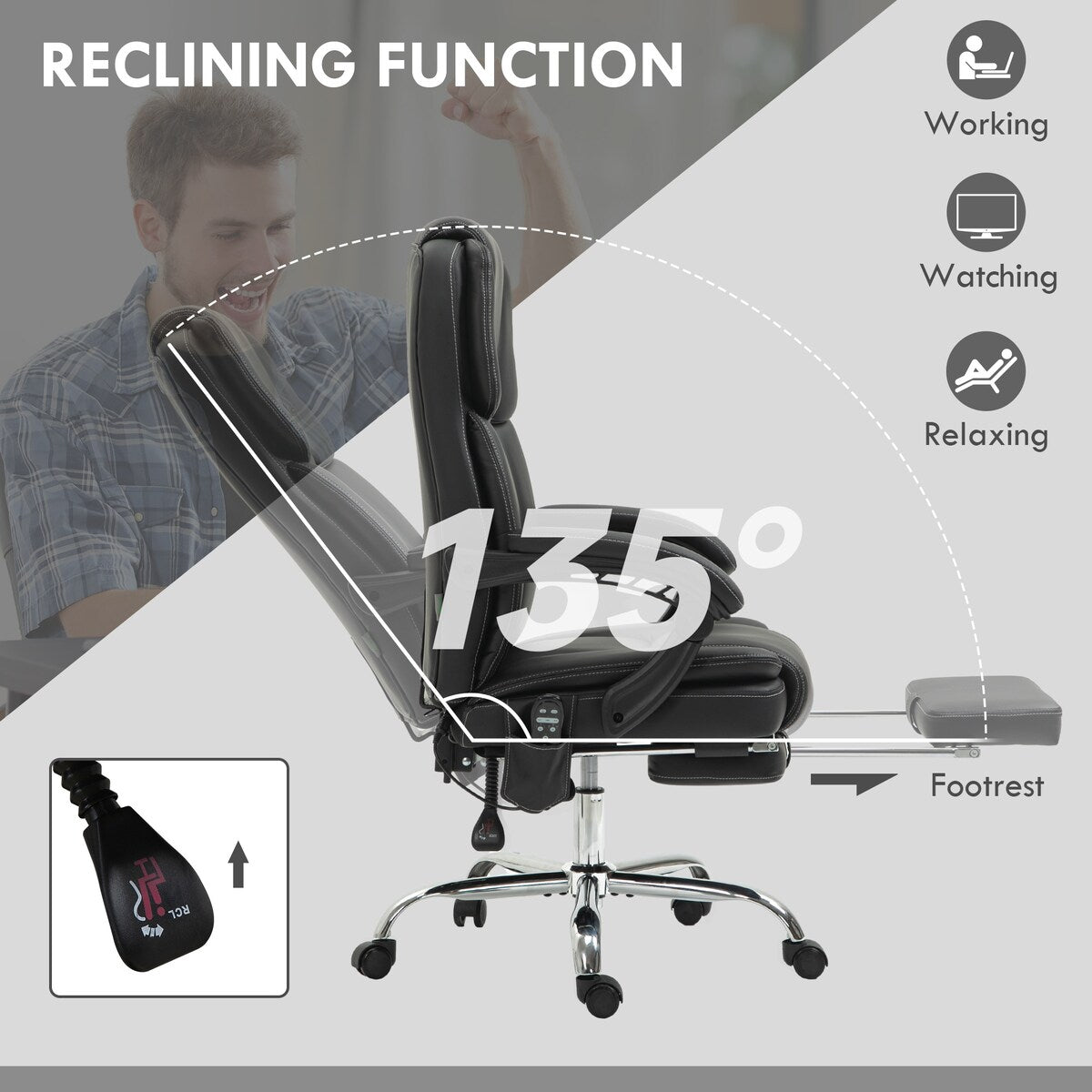 Fauteuil de bureau massant avec 6 points de vibration, fauteuil d'ordinateur inclinable et chauffant, pivotant à hauteur réglable et repose-pieds
