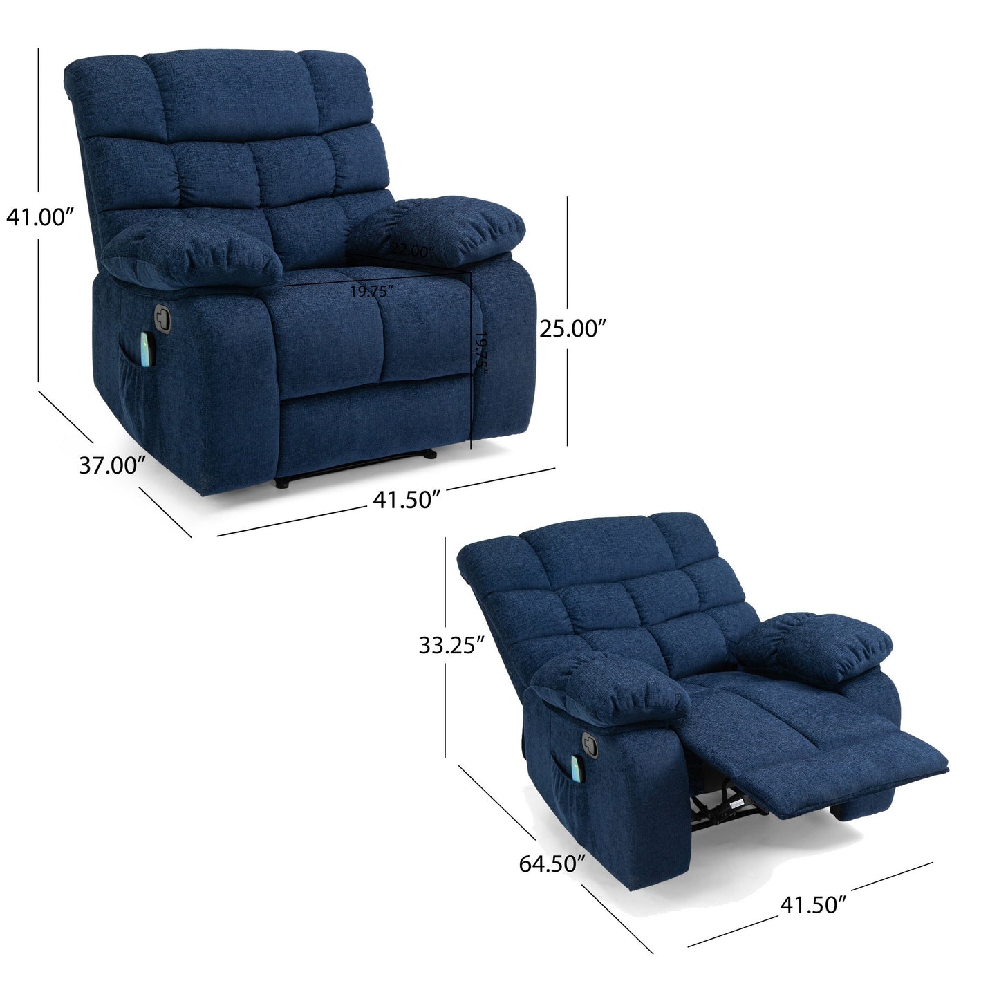 Fauteuil inclinable massant avec 5 modes, réglable, coussiné, bleu marine