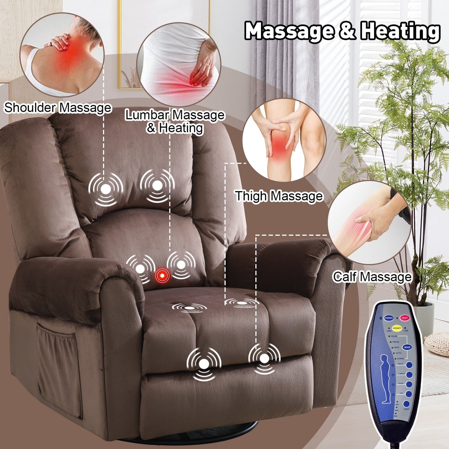 Fauteuils inclinables pivotants à bascule avec massage et chauffage, avec poches latérales