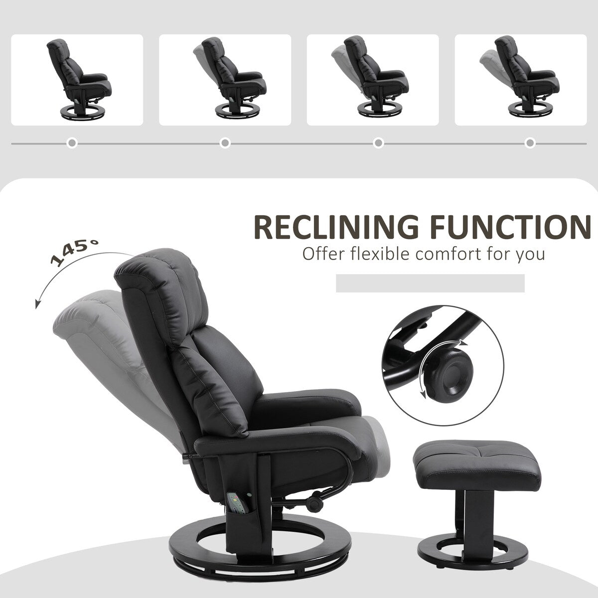 Fauteuil massant inclinable en similicuir avec repose-pieds et fonction pivotante à 360°