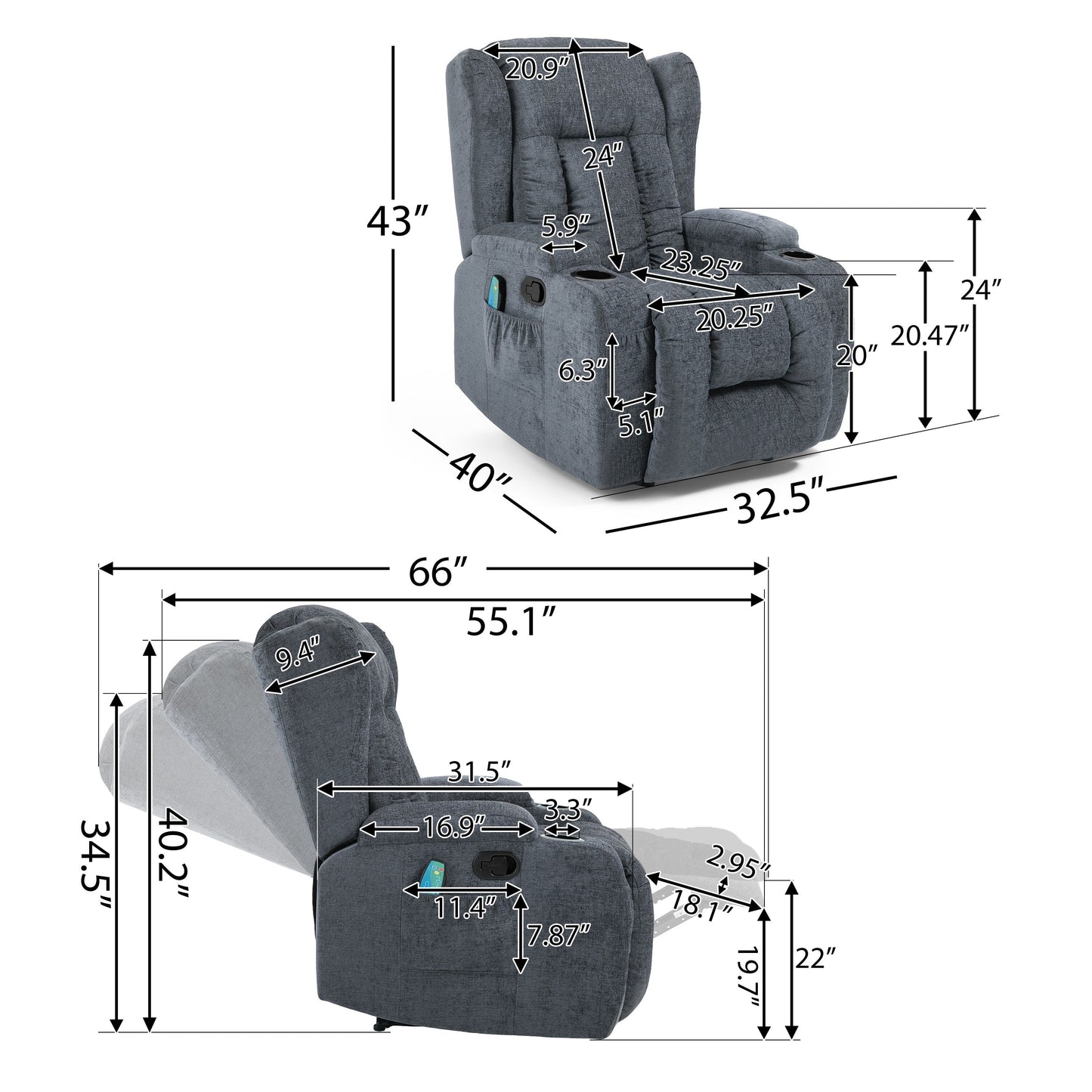 Fauteuil de massage inclinable avec chauffage, 5 modes de massage, porte-gobelets, télécommande et fonction d'inclinaison manuelle
