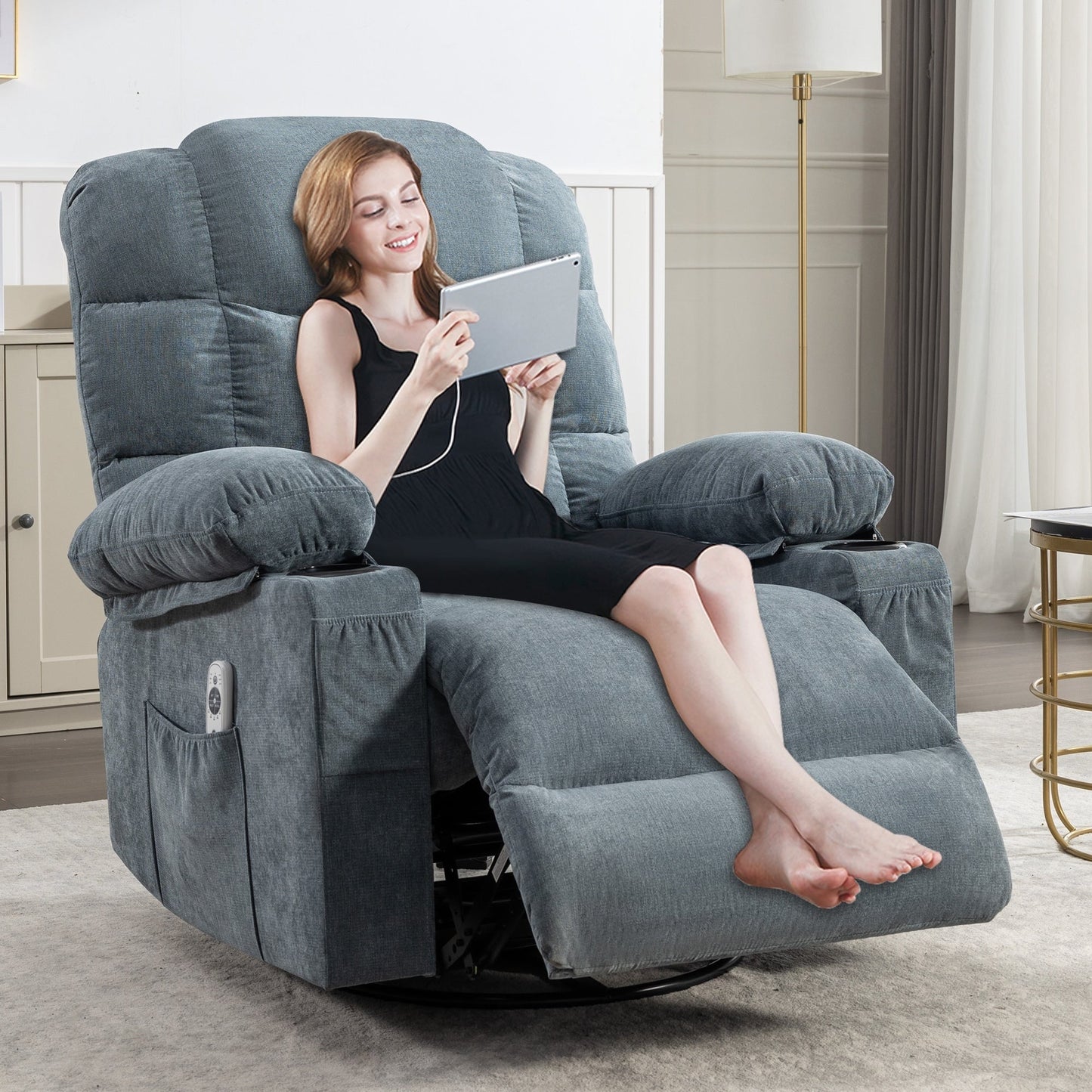 Fauteuil de massage inclinable à bascule pour adultes surdimensionné avec 2 porte-gobelets, port de charge USB, doux et doté d'un manuel Mas