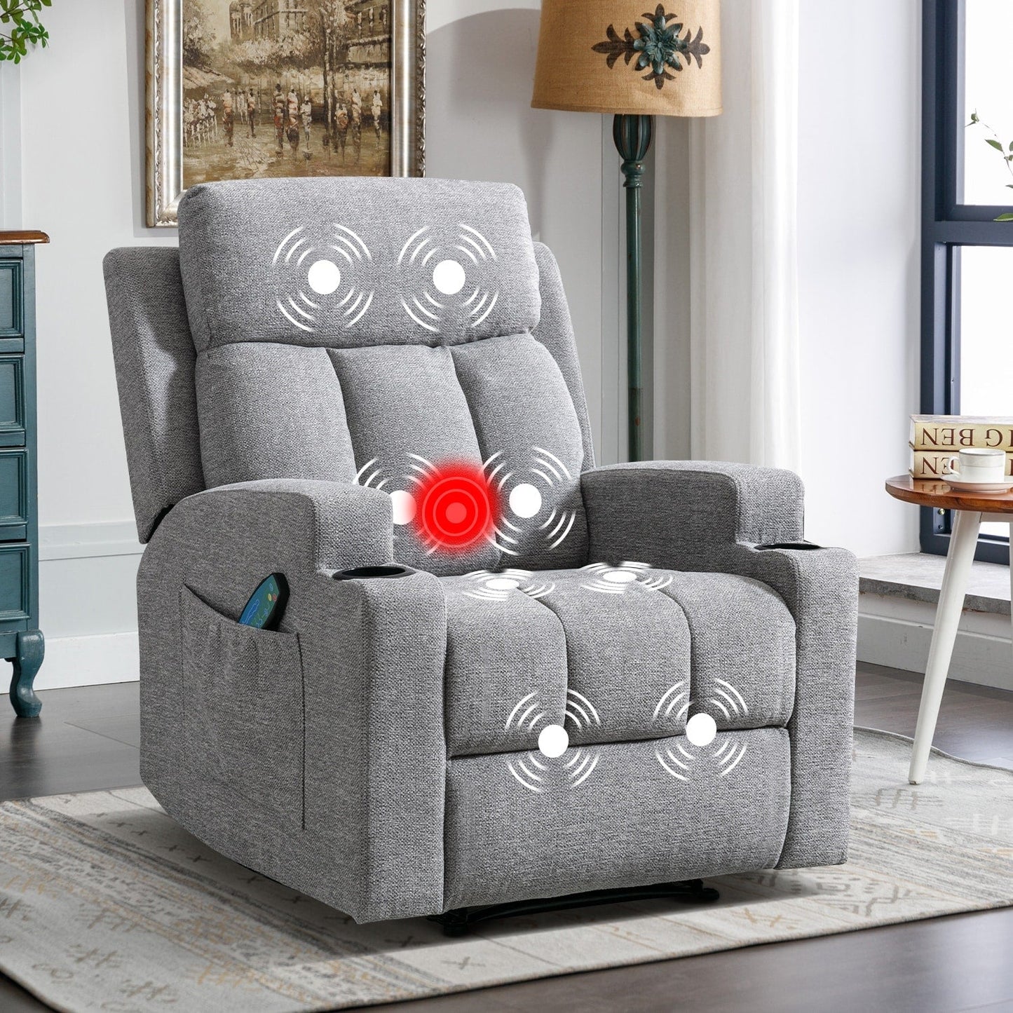Fauteuil inclinable manuel, massant et chauffant, avec 2 porte-gobelets, tissu respirant