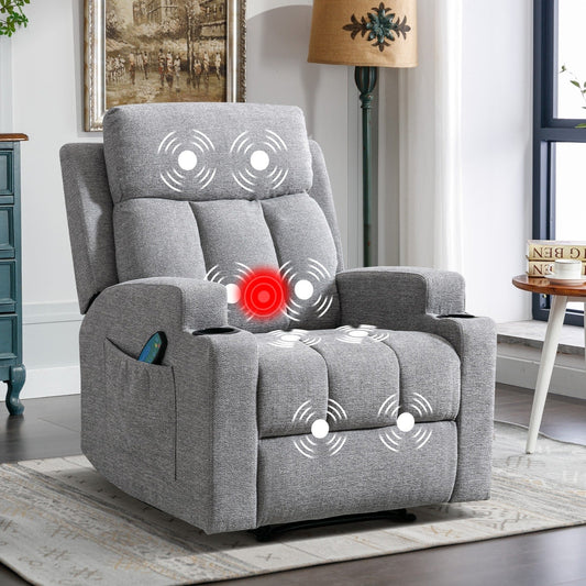 Fauteuil inclinable manuel, massant et chauffant, avec 2 porte-gobelets, tissu respirant