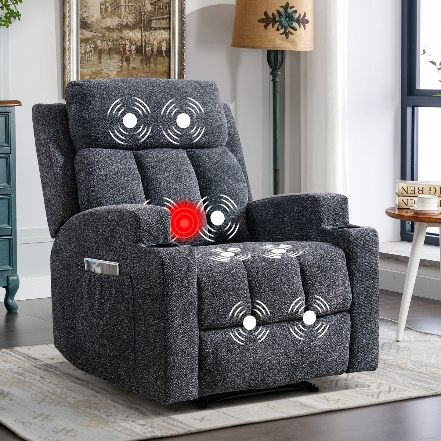 Fauteuil inclinable manuel, massant et chauffant, avec 2 porte-gobelets, tissu respirant