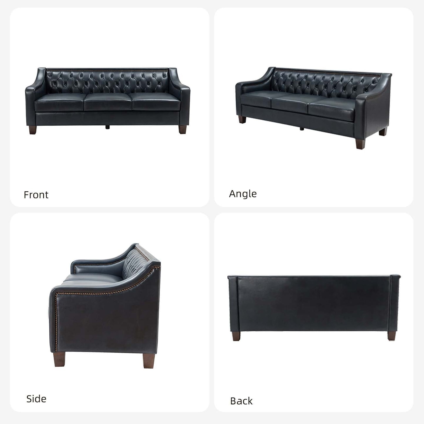 Canapé transitionnel en cuir véritable Mateo 82,28 pouces avec garniture cloutée et dossier capitonné