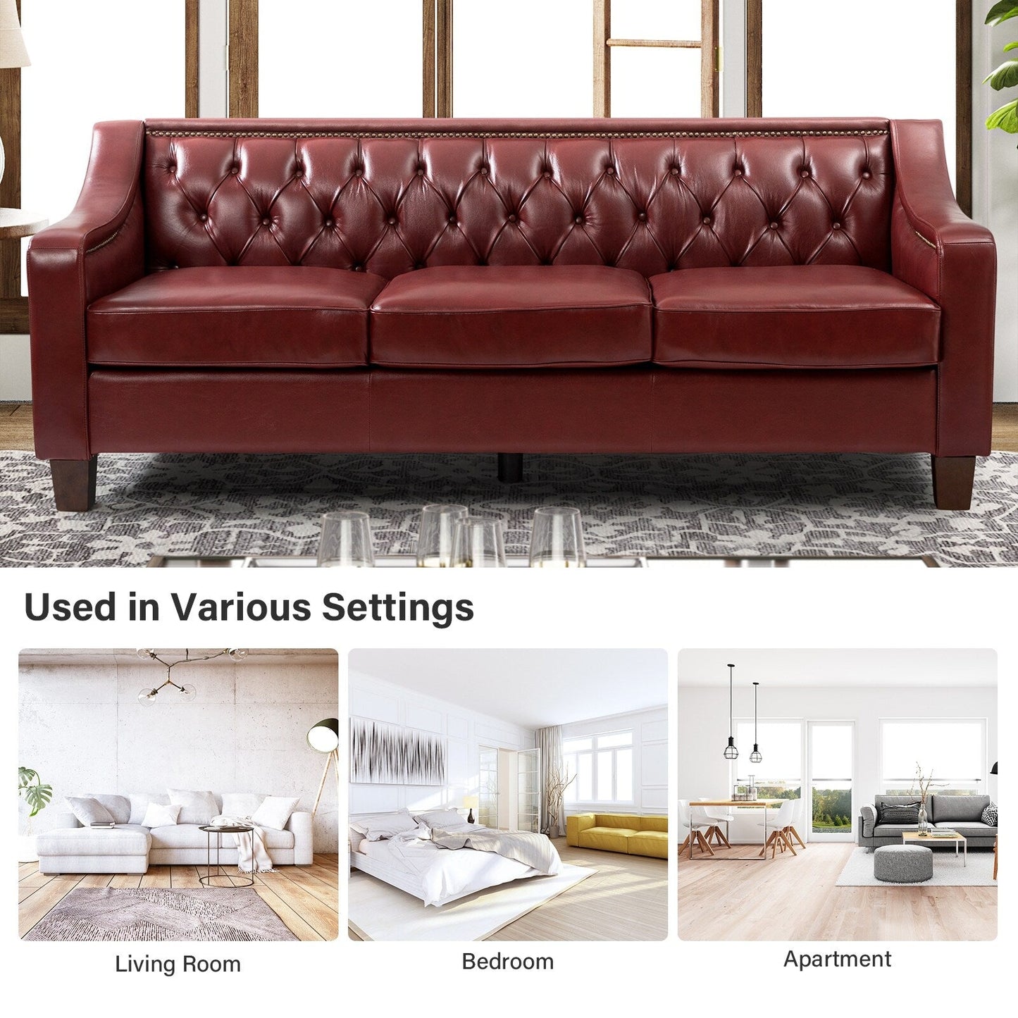 Canapé transitionnel en cuir véritable Mateo 82,28 pouces avec garniture cloutée et dossier capitonné