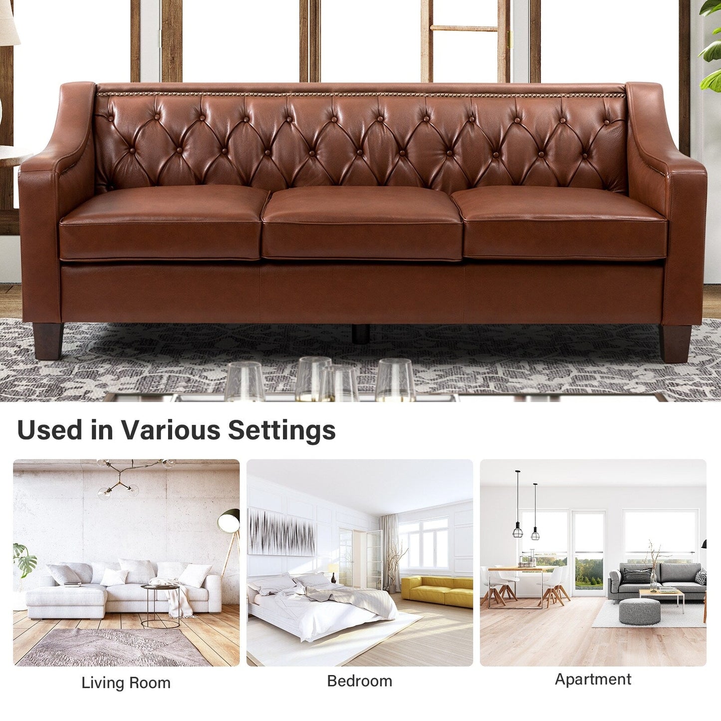 Canapé transitionnel en cuir véritable Mateo 82,28 pouces avec garniture cloutée et dossier capitonné