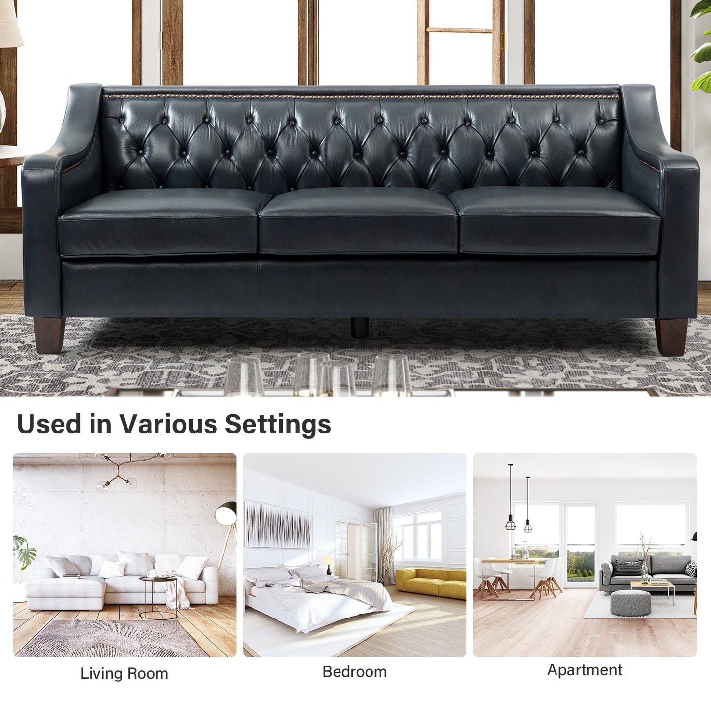 Canapé transitionnel en cuir véritable Mateo 82,28 pouces avec garniture cloutée et dossier capitonné