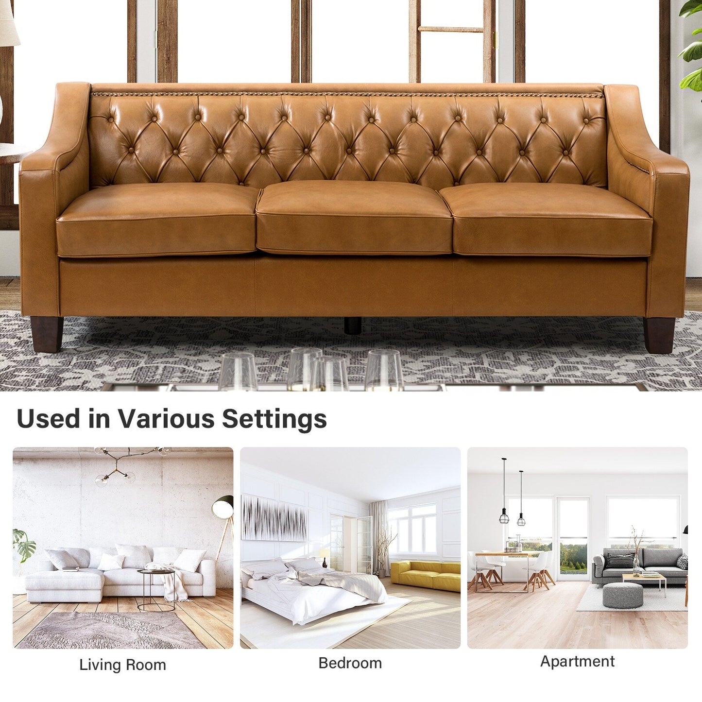 Canapé transitionnel en cuir véritable Mateo 82,28 pouces avec garniture cloutée et dossier capitonné