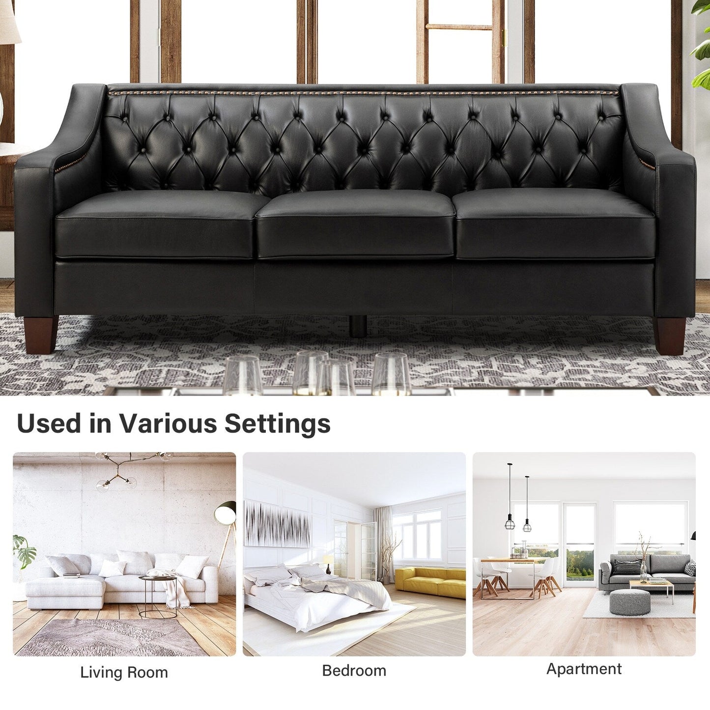 Canapé transitionnel en cuir véritable Mateo 82,28 pouces avec garniture cloutée et dossier capitonné