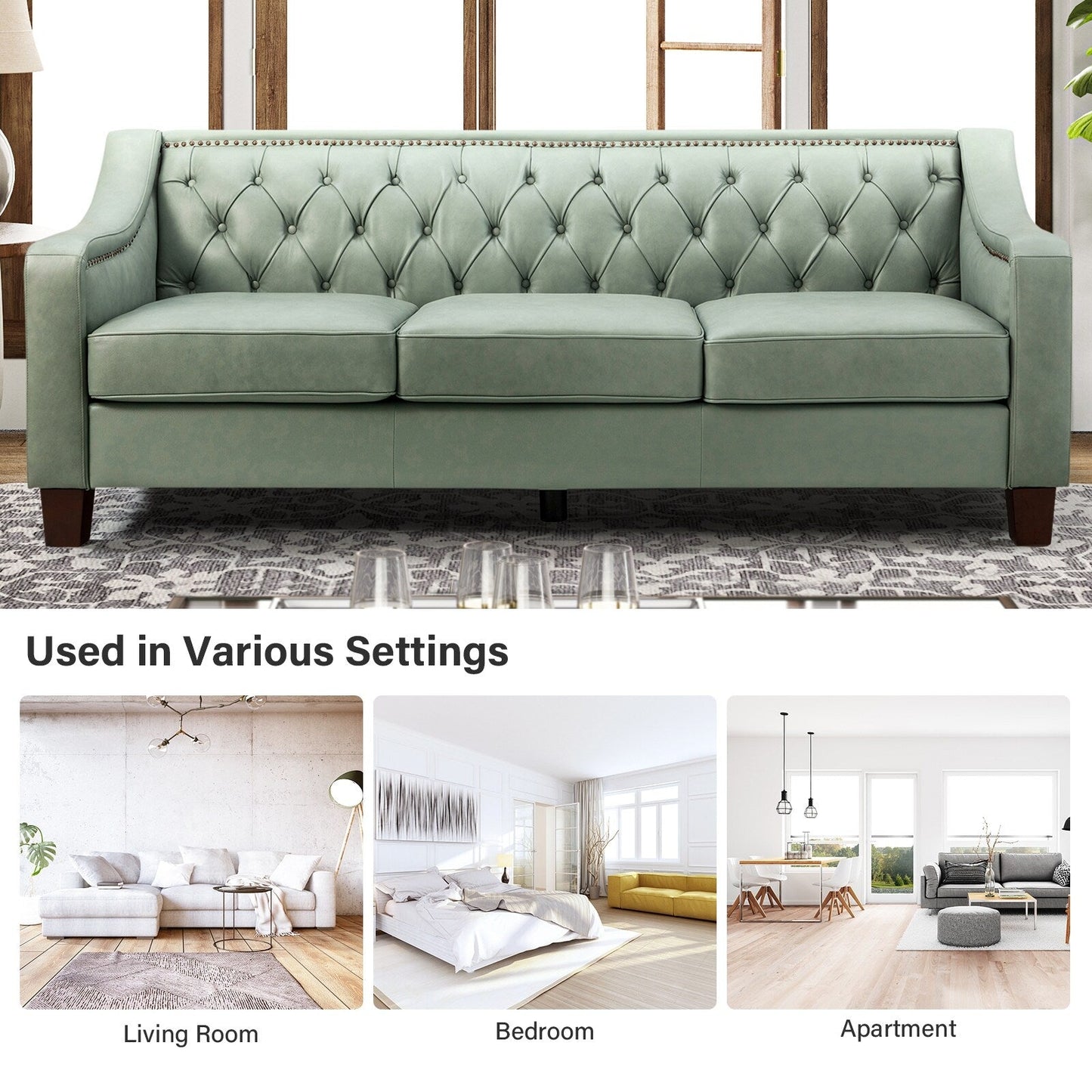 Canapé transitionnel en cuir véritable Mateo 82,28 pouces avec garniture cloutée et dossier capitonné