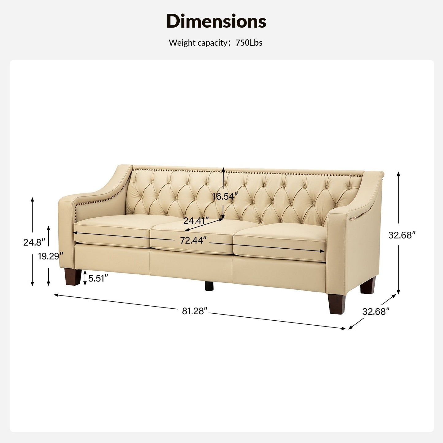 Canapé transitionnel en cuir véritable Mateo 82,28 pouces avec garniture cloutée et dossier capitonné