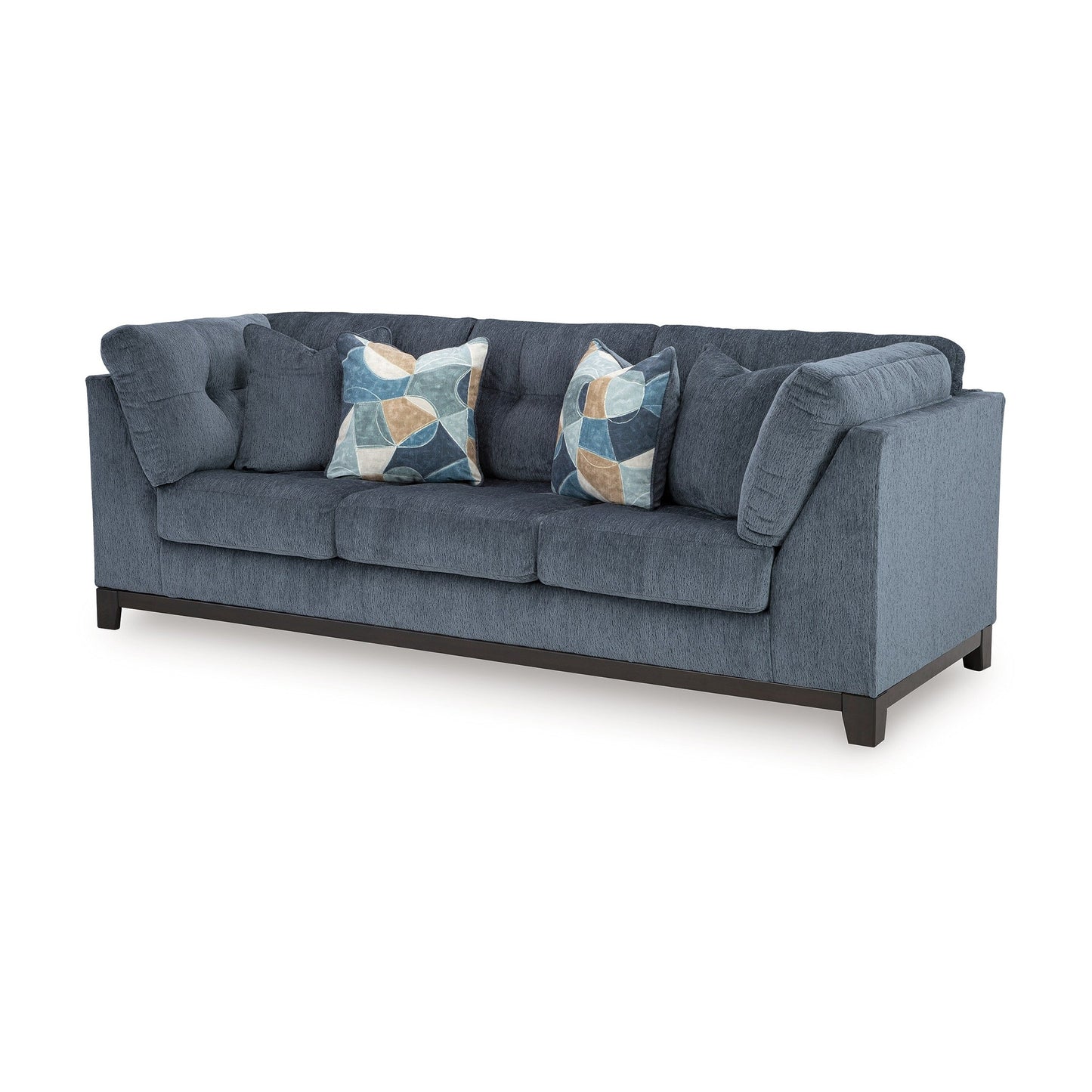 Canapé Maxo, 254 cm, capitonné, polyester bleu riche, 5 coussins décoratifs