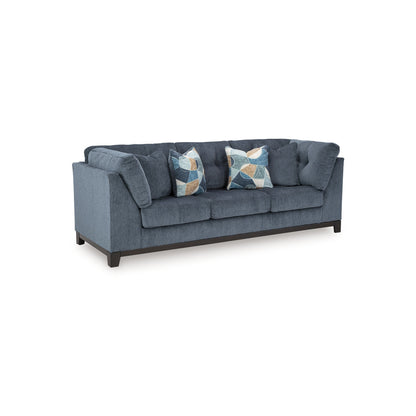 Canapé Maxo, 254 cm, capitonné, polyester bleu riche, 5 coussins décoratifs