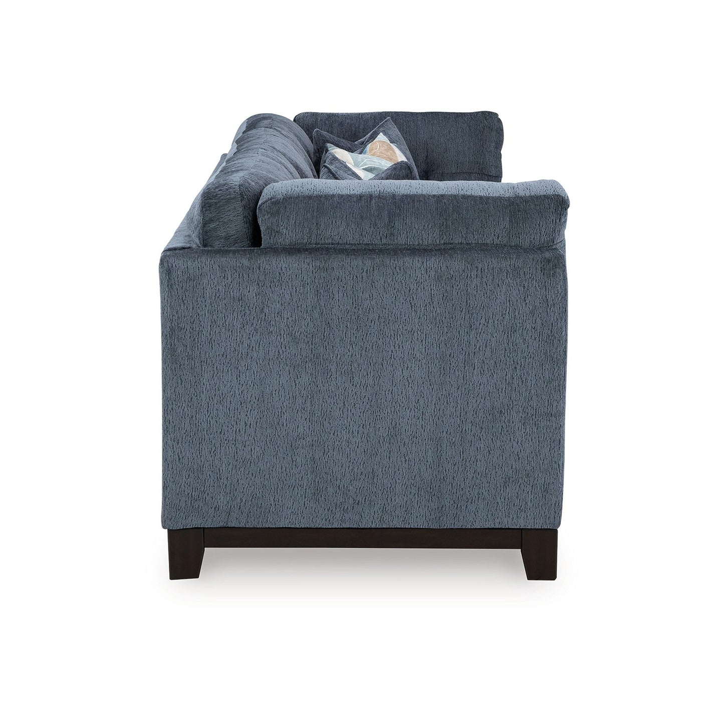 Canapé Maxo, 254 cm, capitonné, polyester bleu riche, 5 coussins décoratifs
