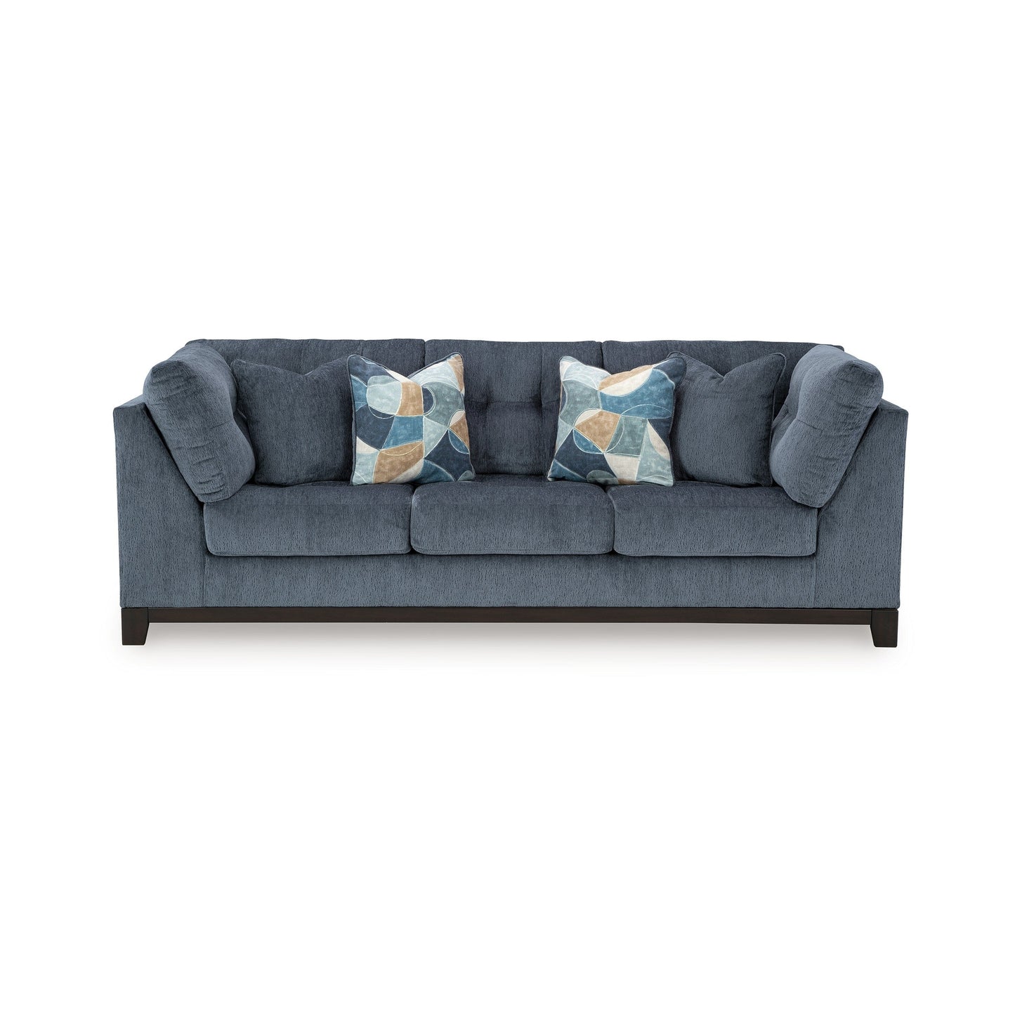 Canapé Maxo, 254 cm, capitonné, polyester bleu riche, 5 coussins décoratifs