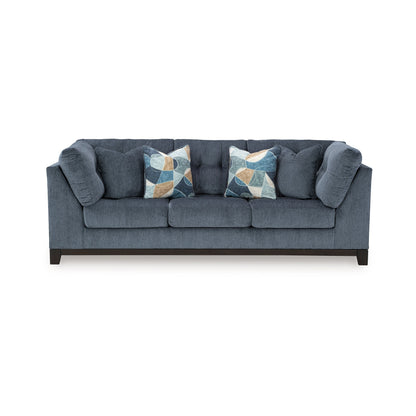 Canapé Maxo, 254 cm, capitonné, polyester bleu riche, 5 coussins décoratifs