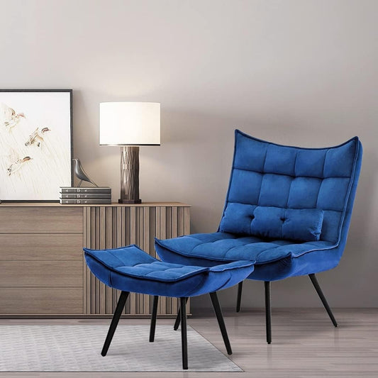 Fauteuil d'appoint Mcombo avec pouf, fauteuil à oreilles capitonné en velours, chaises rembourrées avec pieds en métal pour chambre à coucher et salon 4079