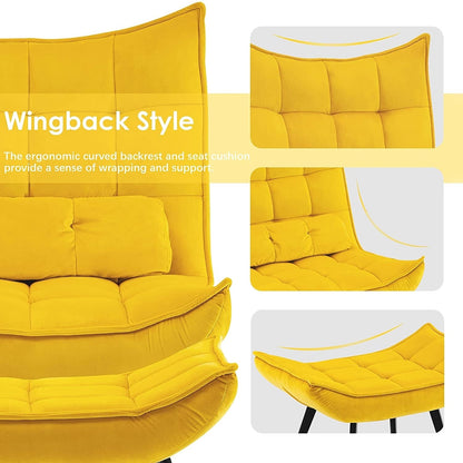 Fauteuil d'appoint Mcombo avec pouf, fauteuil à oreilles capitonné en velours, chaises rembourrées avec pieds en métal pour chambre à coucher et salon 4079