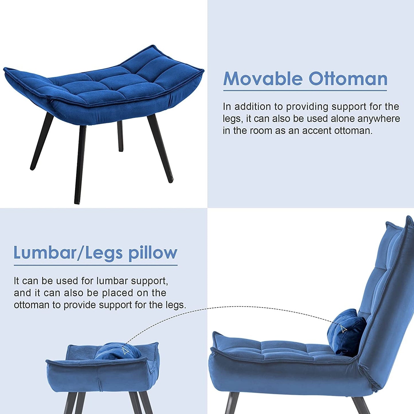 Fauteuil d'appoint Mcombo avec pouf, fauteuil à oreilles capitonné en velours, chaises rembourrées avec pieds en métal pour chambre à coucher et salon 4079