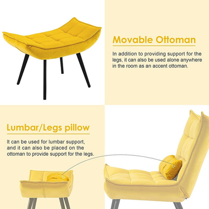 Fauteuil d'appoint Mcombo avec pouf, fauteuil à oreilles capitonné en velours, chaises rembourrées avec pieds en métal pour chambre à coucher et salon 4079