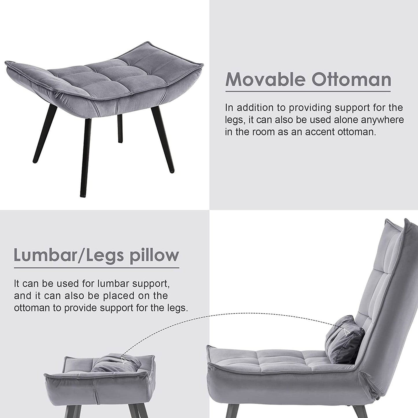 Fauteuil d'appoint Mcombo avec pouf, fauteuil à oreilles capitonné en velours, chaises rembourrées avec pieds en métal pour chambre à coucher et salon 4079