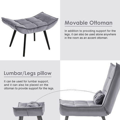 Fauteuil d'appoint Mcombo avec pouf, fauteuil à oreilles capitonné en velours, chaises rembourrées avec pieds en métal pour chambre à coucher et salon 4079
