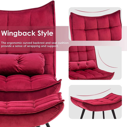 Fauteuil d'appoint Mcombo avec pouf, fauteuil à oreilles capitonné en velours, chaises rembourrées avec pieds en métal pour chambre à coucher et salon 4079