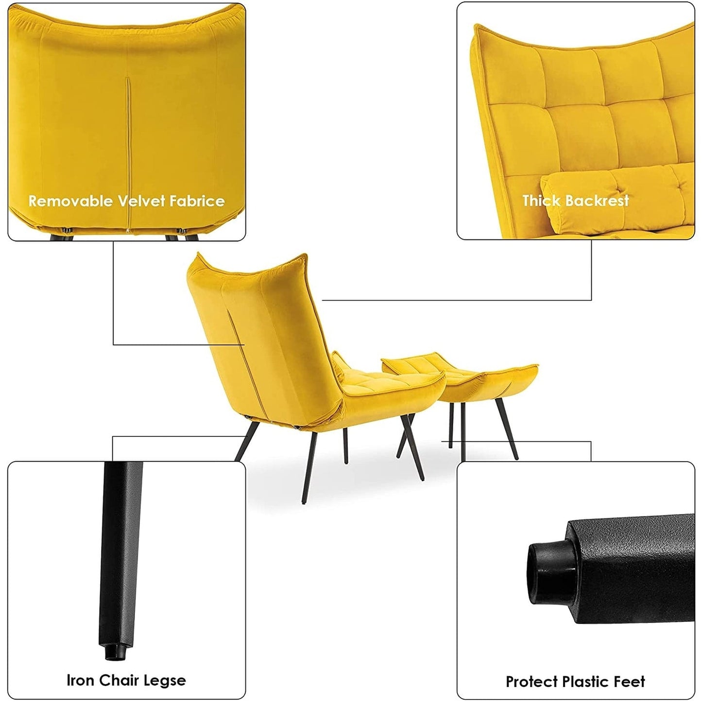 Fauteuil d'appoint Mcombo avec pouf, fauteuil à oreilles capitonné en velours, chaises rembourrées avec pieds en métal pour chambre à coucher et salon 4079