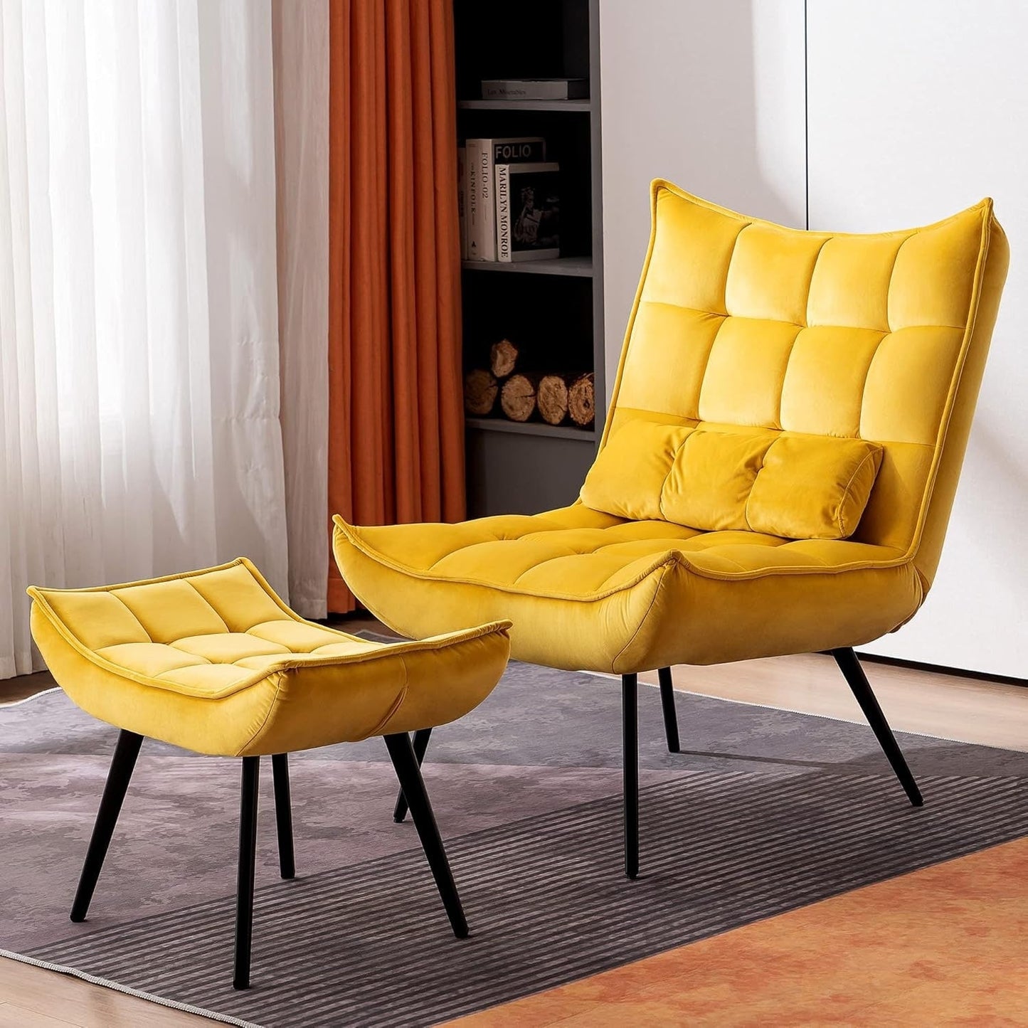 Fauteuil d'appoint Mcombo avec pouf, fauteuil à oreilles capitonné en velours, chaises rembourrées avec pieds en métal pour chambre à coucher et salon 4079