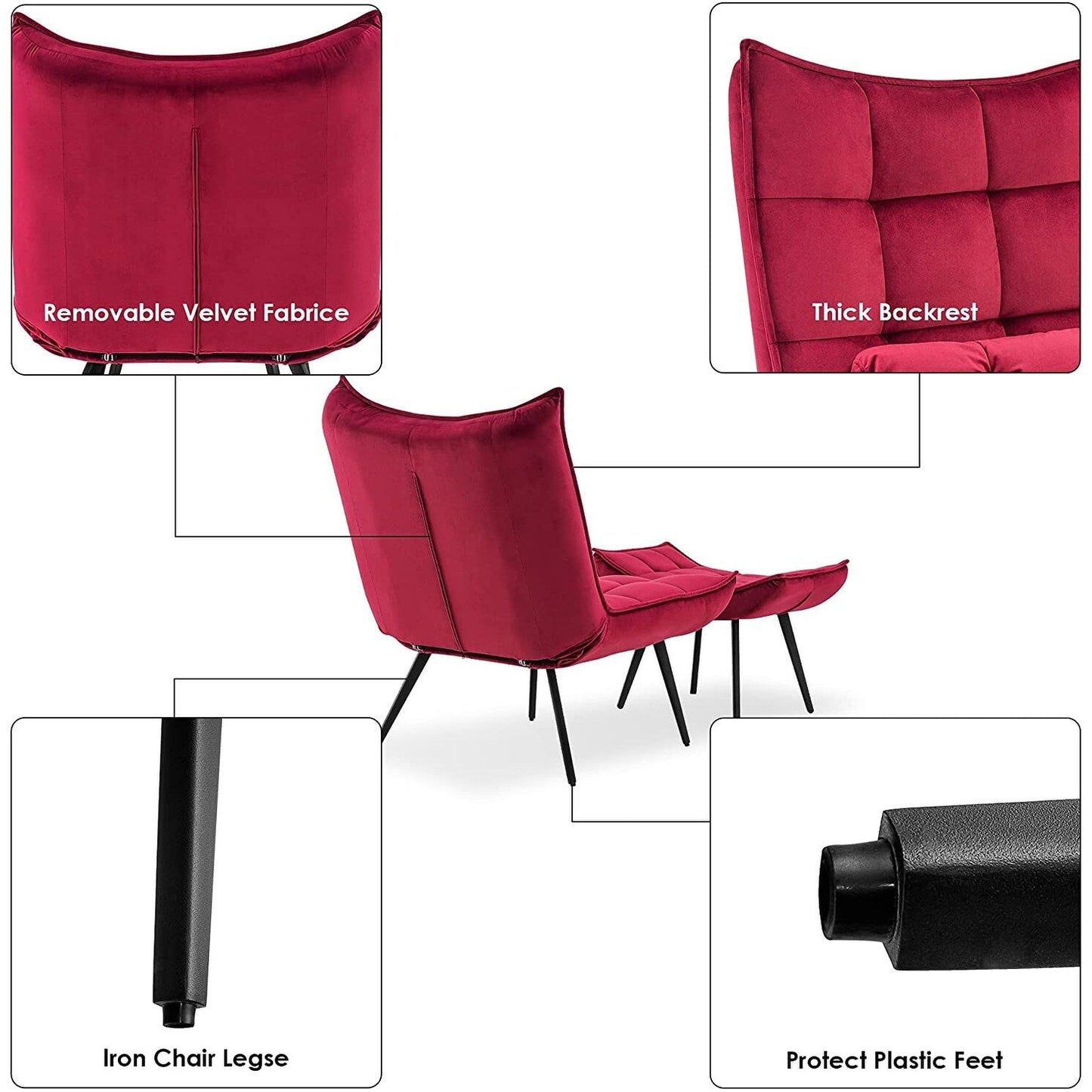 Fauteuil d'appoint Mcombo avec pouf, fauteuil à oreilles capitonné en velours, chaises rembourrées avec pieds en métal pour chambre à coucher et salon 4079