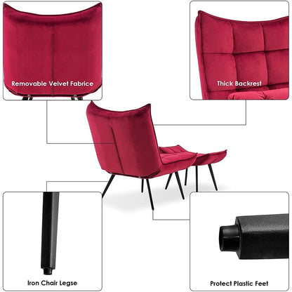 Fauteuil d'appoint Mcombo avec pouf, fauteuil à oreilles capitonné en velours, chaises rembourrées avec pieds en métal pour chambre à coucher et salon 4079