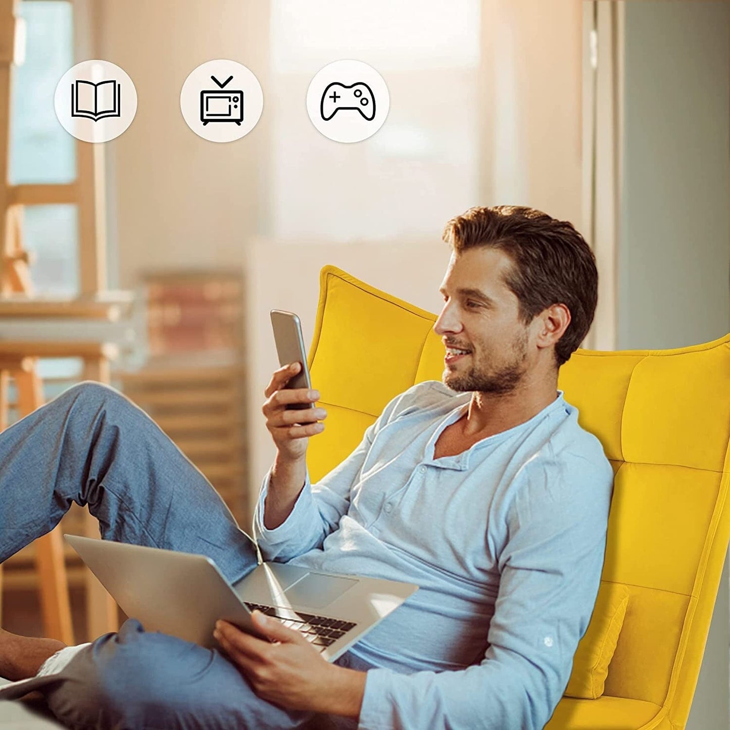 Fauteuil d'appoint Mcombo avec pouf, fauteuil à oreilles capitonné en velours, chaises rembourrées avec pieds en métal pour chambre à coucher et salon 4079