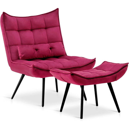 Fauteuil d'appoint Mcombo avec pouf, fauteuil à oreilles capitonné en velours, chaises rembourrées avec pieds en métal pour chambre à coucher et salon 4079