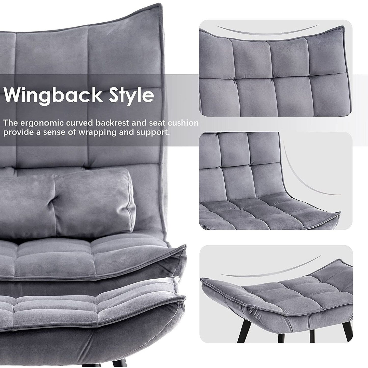 Fauteuil d'appoint Mcombo avec pouf, fauteuil à oreilles capitonné en velours, chaises rembourrées avec pieds en métal pour chambre à coucher et salon 4079